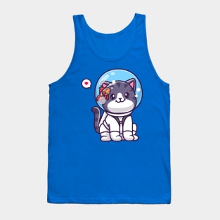 Cute Cat Astronaut Sitting With Fish Cartoon Tank Top